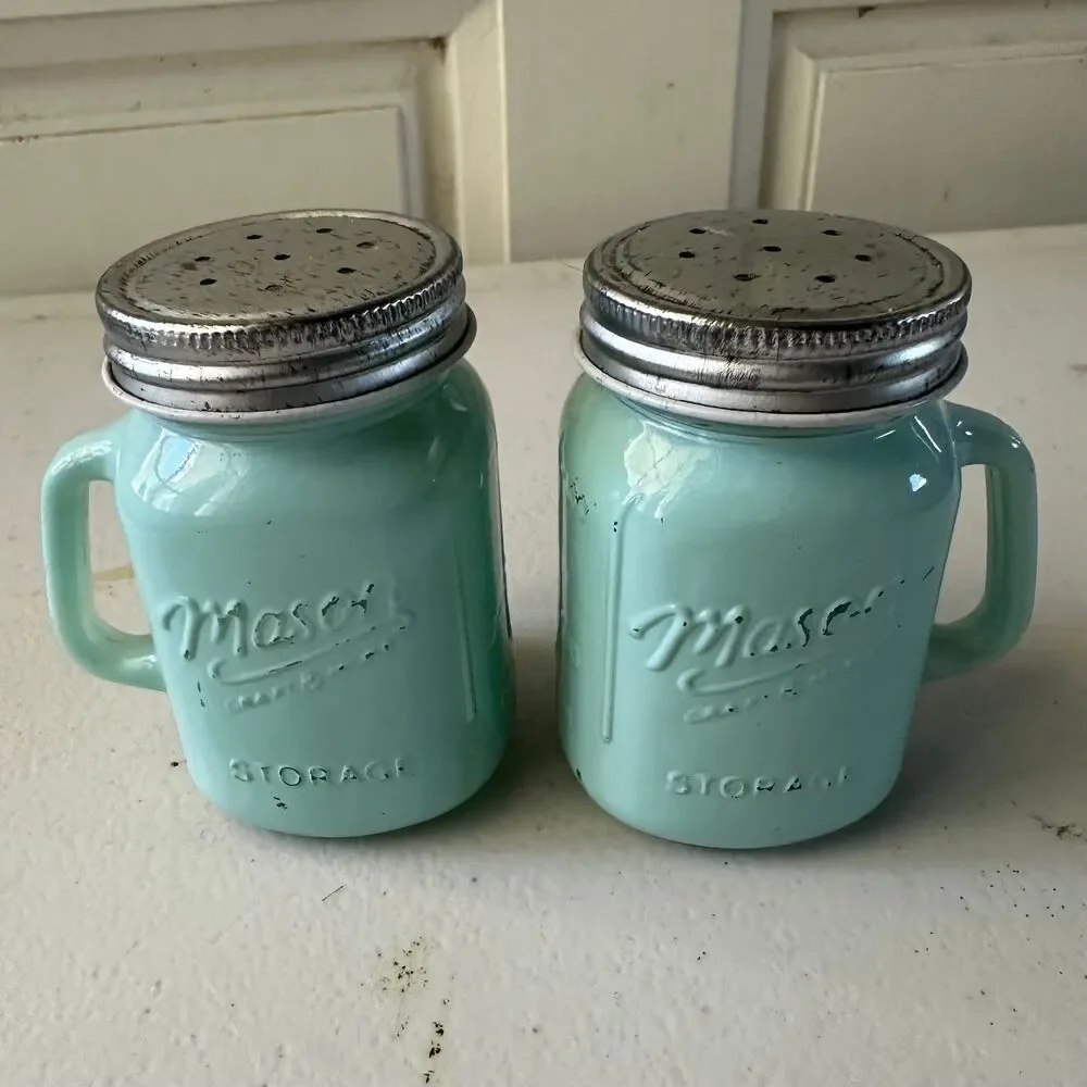 Mason Jar Craft & More Farmhouse Style Milk Glass Green Salt Pepper Shaker Set